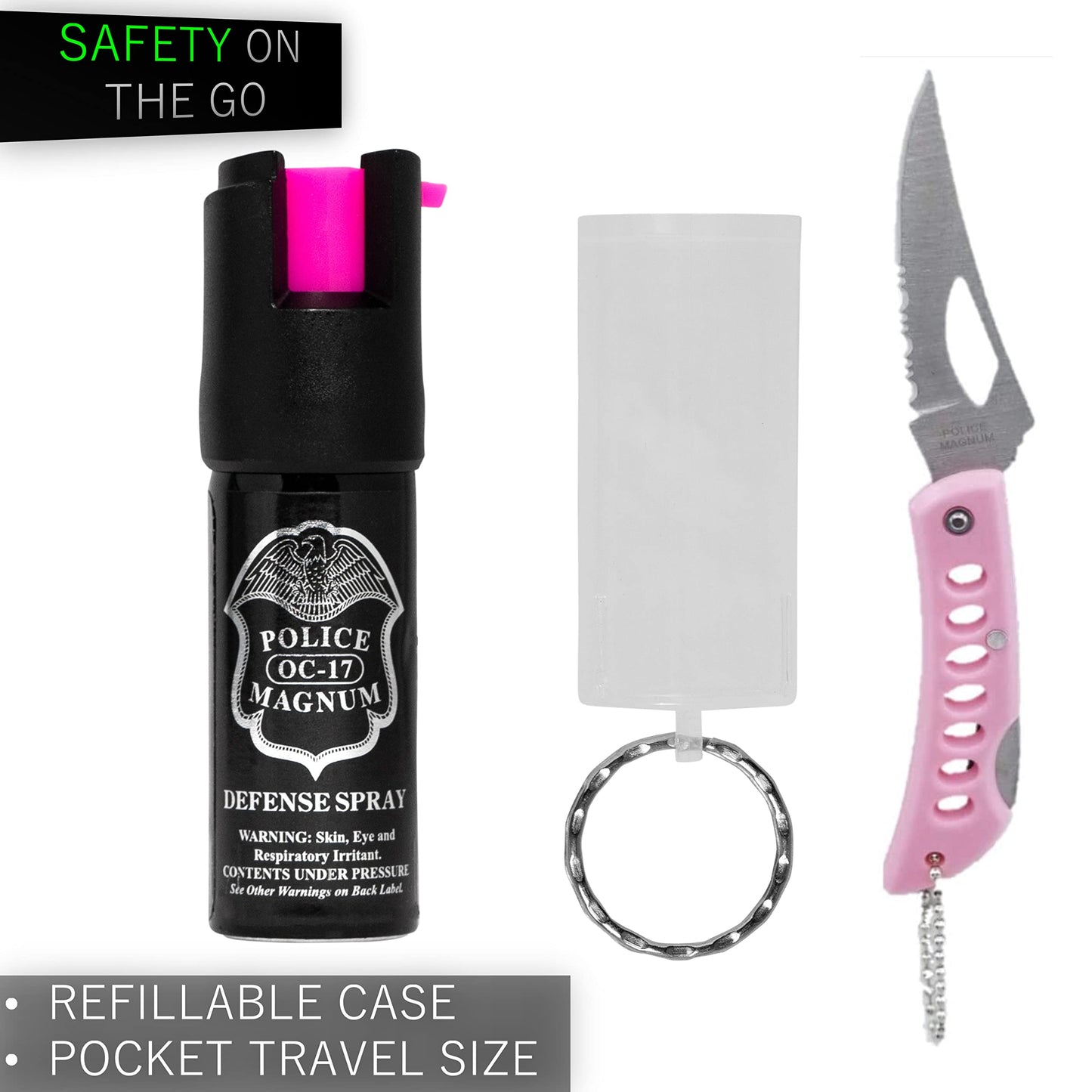 Police Magnum Mini Pepper Spray Self Defense- Small Discreet Pink OC Spray- 1 Pack 1/2oz Twist Lock Keyring (Pink Pocket Knife & Clear Sleeve)