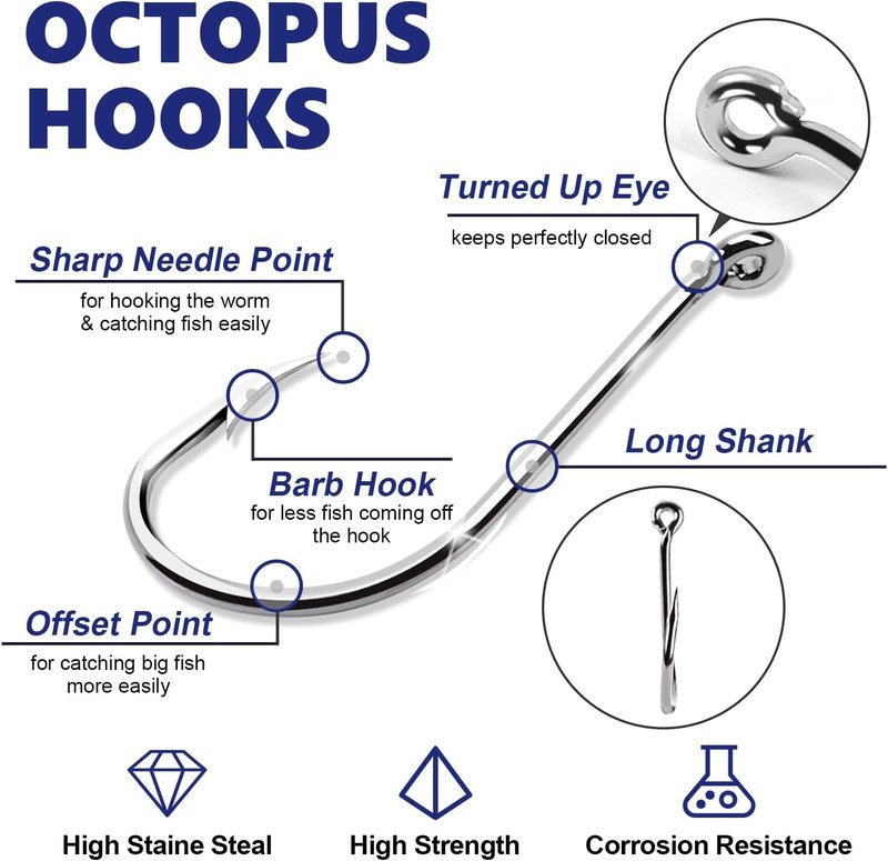 Octopus Fishing Hooks - Barbed Circle Hooks for Saltwater & Freshwater | 1000 PCS Sizes 1/0 to 12
