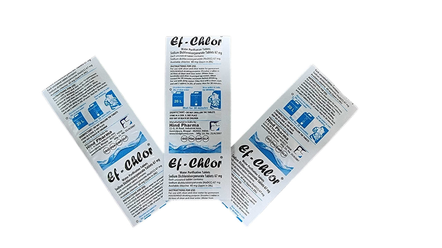 Ef-Chlor Water Purification Tablets/Drops (67 mg - 100 Tablets) - Potable Water Treatment Ideal for Emergencies, Survival, Travel, and Camping, Purifies (3.28-5.28) Gallons Water in 1 Tablet