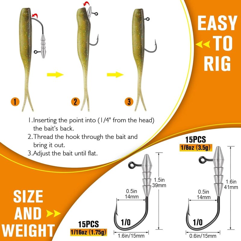 15PCS Hover Rig Jighead Swimbait Fishing Jig Heads - Bass Hooks 1/0, 3/0, 5/0 | 1/16OZ, 1/8OZ, 1/4OZ
