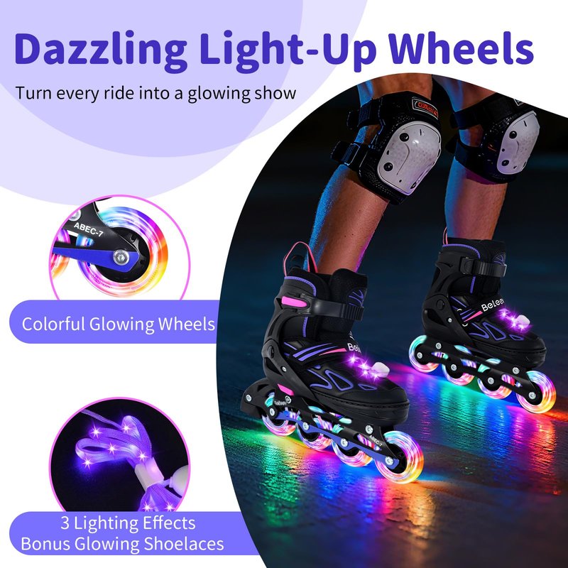 BELEEV Inline Skates with Light-Up Wheels & Shoelaces, 4-Size Adjustable Roller Blades for Kids, Boys & Girls Ages 5-8, 8-12, 6-12, Illuminating Skates for Youth & Women, Beginner Outdoor/Indoor Use