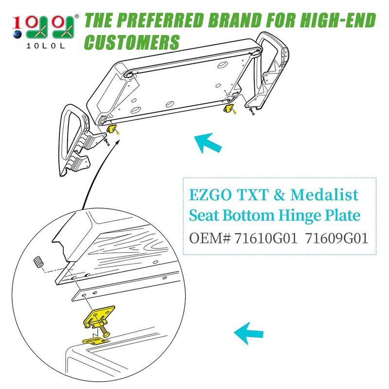 10L0L Golf Cart Seat Bottom Hinge Plate Fits for 1995-up EZGO TXT & Medalist, 2001-up EZGO MPT Shuttle Workhorse Series, 2 Pack OEM# 71610G01 71609G01