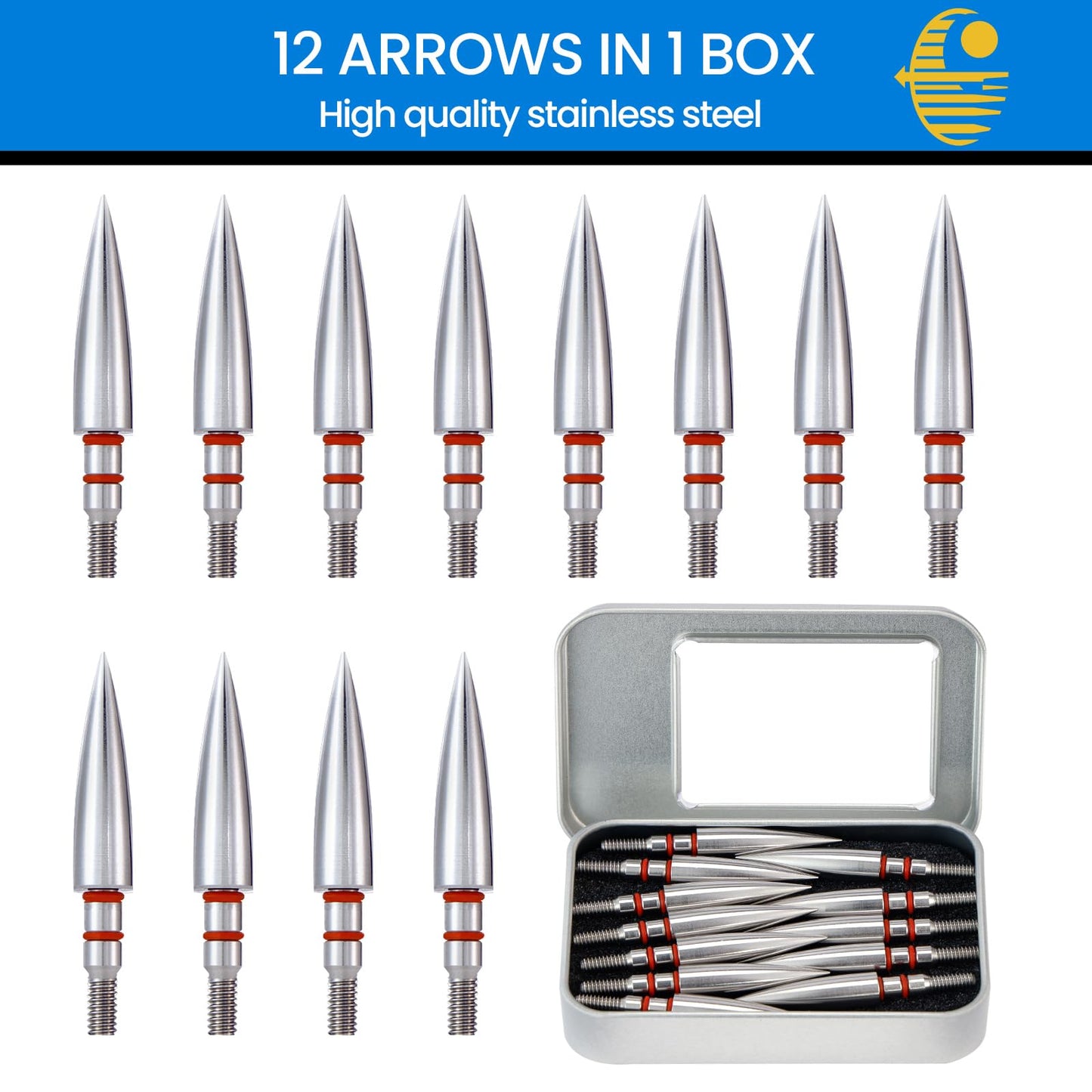 JGSDD 12pcs Archery Field Points, 100/125/150/300 Grain Field Points, Screw-in Archery Field Broadheads for Recurve, Compound Bow Crossbow, Archery Target Crossbow Practice Tip (19/64-300grain)