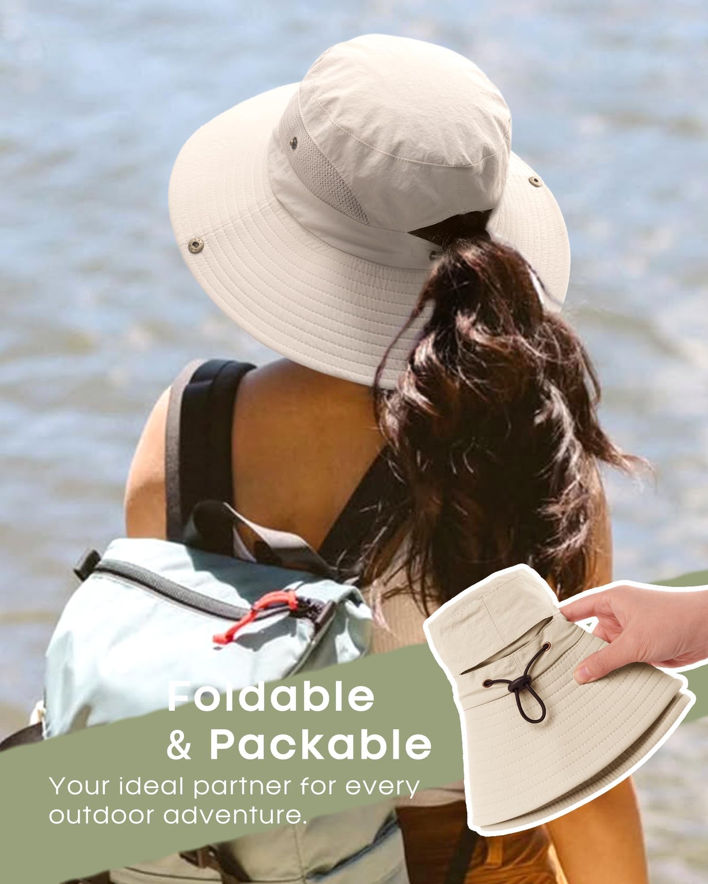 FURTALK Womens Sun Hat with Ponytail Hole Beach Hiking Summer Wide Brim UPF 50+ Outdoor Protection Foldable Bucket Hat Beige, One Size