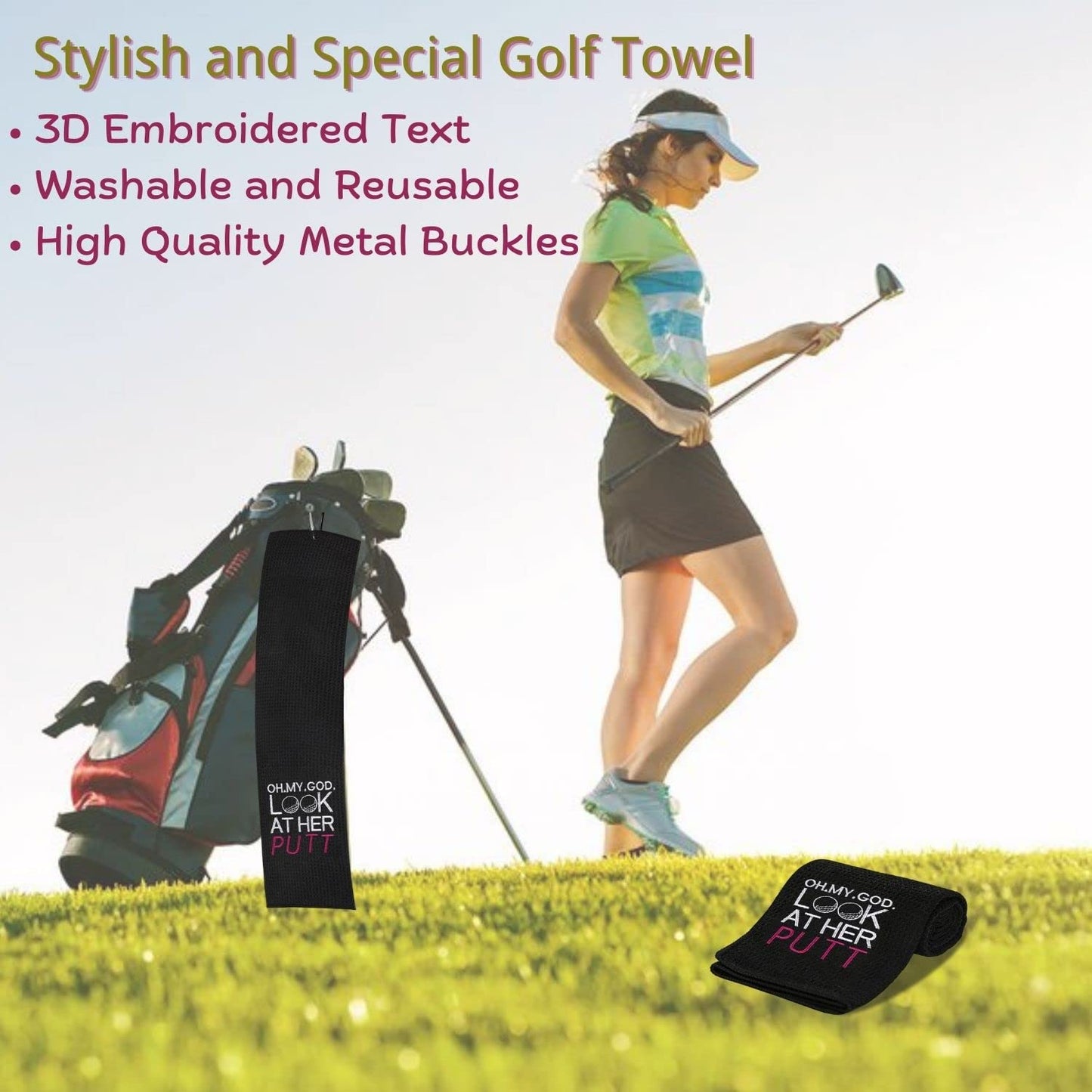Artpreti Funny Golf Towel, Oh My God Look at Her Putt - Embroidered Golf Towels for Golf Bags with Clip, Fun Golf Accessories for Women, Birthday Gifts for Fan, Joke