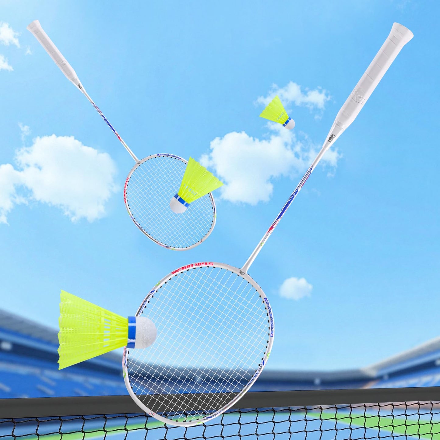 HXE Badminton Rackets Set, Lightweight Badminton Set for Outdoor Backyard Games Gym, Including 2 Racquets, 3 Shuttlecocks, 2 Replacement Grip Tapes and 1 Carry Bag, 2 Player Rackets for Beginners 4U