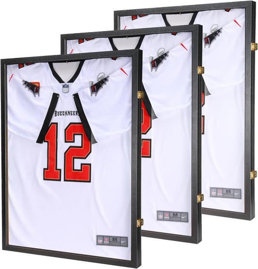 Jersey Wooden Frame Display Case - 98% UV Protection Acrylic for Baseball, Basketball, Football & Hockey Shirts | Black, 3-Pack