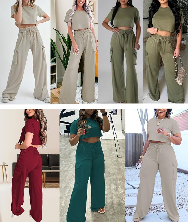 Atizon Women 2 Piece Outfits Summer Short Sleeve Crop Top Elastic Waist Wide Leg Pants Lounge Sets Casual