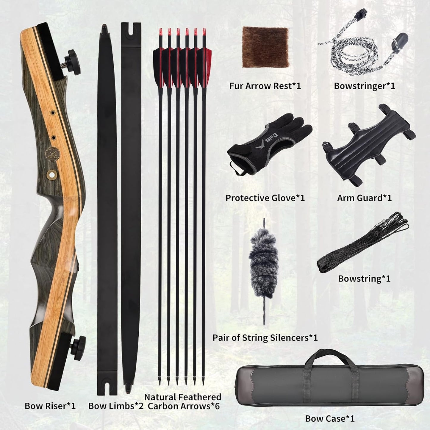 Archery Wooden Bow and Arrow Set - 62'' Right-Handed Takedown Recurve Bow for Adults | 30-50 Lbs Hunting Kit