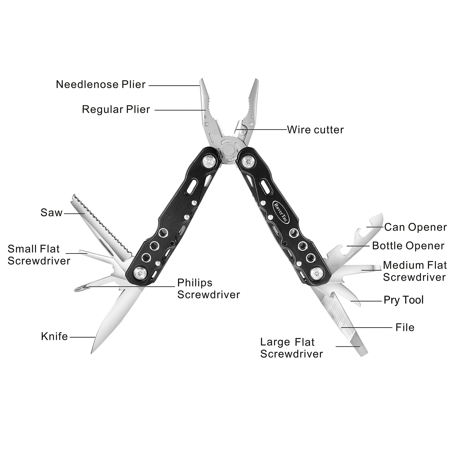 RoverTac Multitool Pliers Pocket Knife Camping Tool Hiking Gear 14 in 1 Multi Tool Knife Pliers Saw Bottle Opener Safety Lock Nylon Sheath Multitool for Camping Survival Hiking DIY Gifts for Men