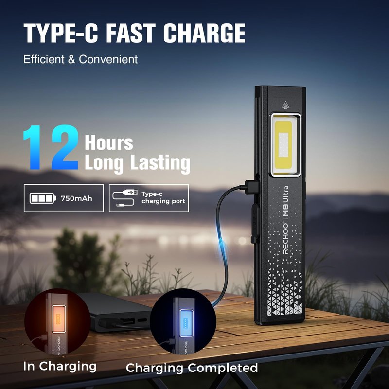 RECHOO Flat EDC Flashlight Rechargeable, 8-Mode Slim Pocket Flashlight with Magnetic Base & Clip, Lightweight Mini Rechargeable Flashlights for Everyday Carry, Working, Camping, Car Repair & Emergency