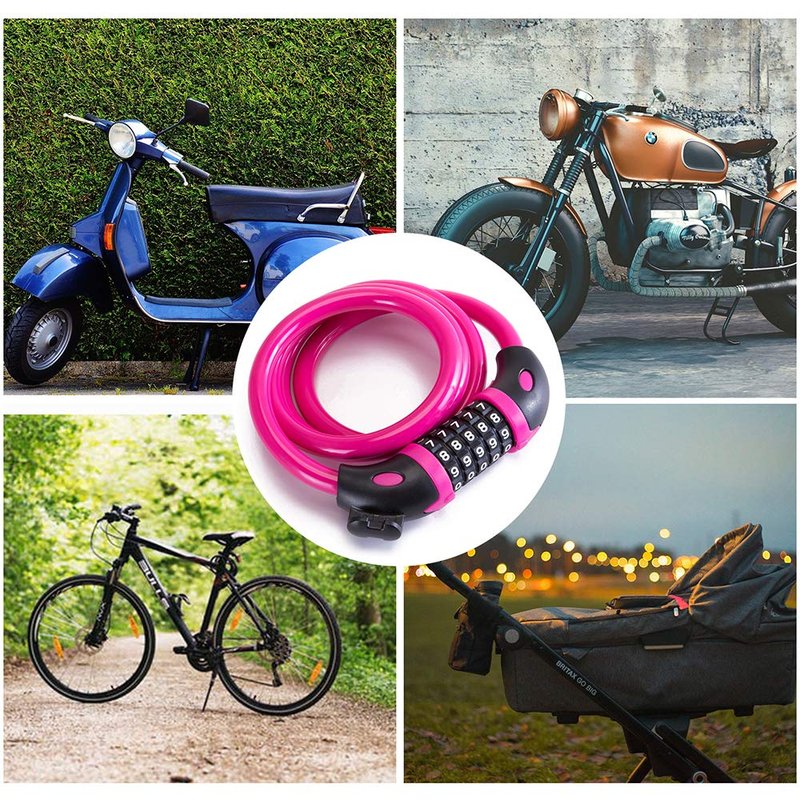 Bike Lock Bicycle Lock Chain ，5-Digit Combination Lock Core Steel Wire Bike Lock Security&Portable Bicycle Locks,1.1m x 1/2 inch (Pink)