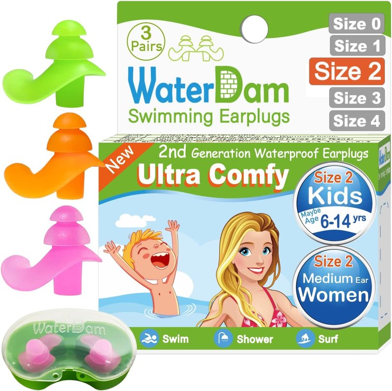 WaterDam Swimming Ear Plugs - Waterproof Earplugs for Swimmer's Ear Prevention | Kids & Teens (Size 2: 6-14yrs) - Green, Orange, Pink