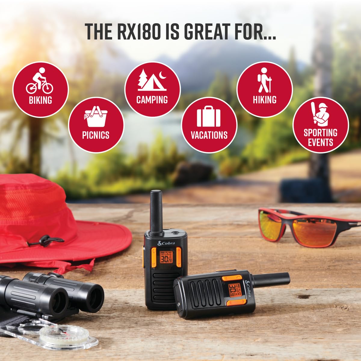 Cobra RX180 Walkie Talkies (2-Pack) – Lightweight, Easy-to-Use Compact Two Way Radios Long Range, 22 Preset Channels, NOAA Weather Alerts, VOX Feature, LED Flashlight (Orange/Black)