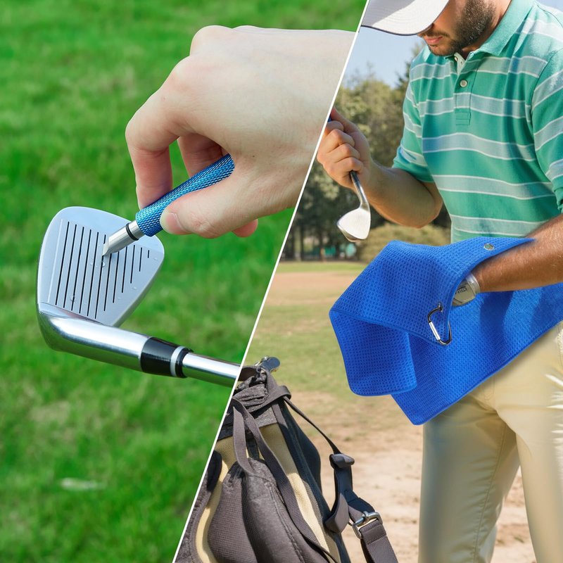 welspo Golf Club Cleaner with Water-Retractable Clip Holds 5oz of Water, Golf Towel, Essentials Golf Accessories Kit with Golf Groove Sharpener Tool, Divot Repair Tool with Ball Marker for Men/Women