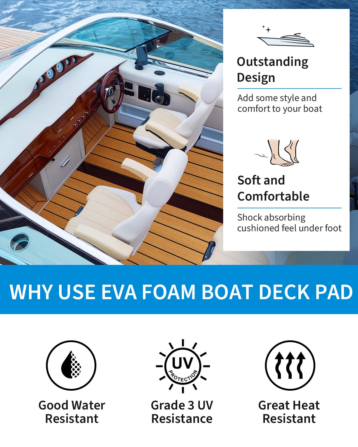 OCEANBROAD Self-Adhesive 48''x16.8'' Boat Flooring with 3M Adhesive Backing EVA Foam Boat Decking Faux Teak Marine Non-Slip Sheet for Jon Motor Boats Yacht Helm Pad Floor, Brown with Black Seam Lines
