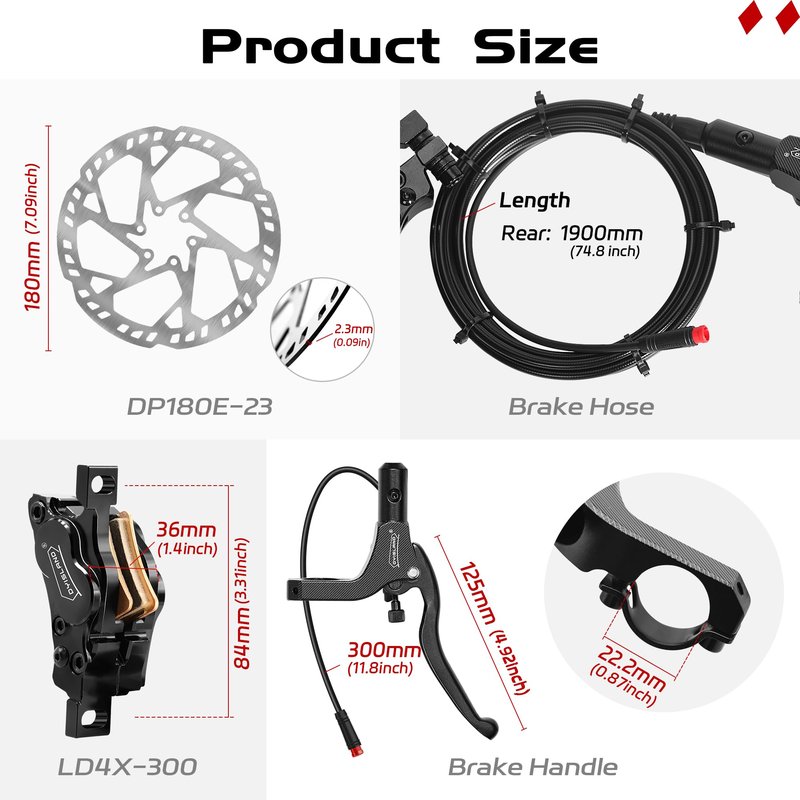 DYISLAND E-Bike Hydraulic Disc Brake Set 4-Pistons/2-Pistons,2-PIN/3-PIN Pre-Bled with Mineral Oil Brakes Kit,Front and Rear Set,180mm 2.3mm Thick Rotors(Black/4-Pistons/2-PIN/R1900mm/Rear brake only)