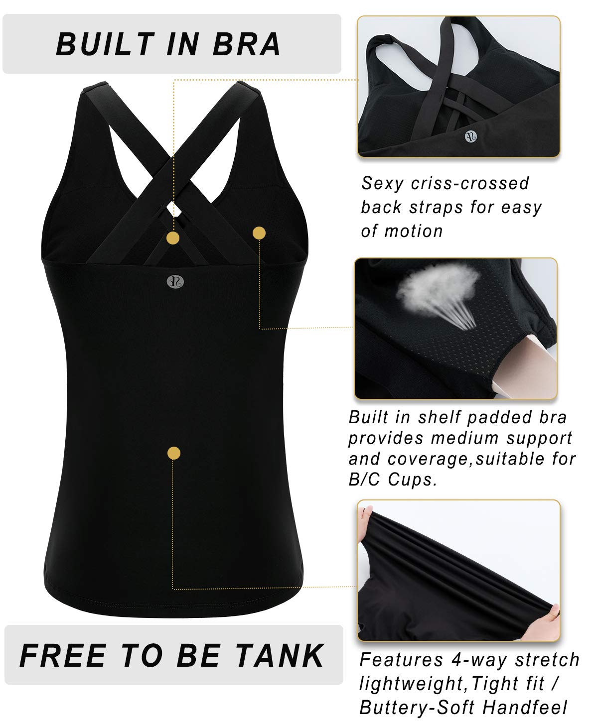 RUNNING GIRL Women's Workout Tank Top,Built in Shelf Sports Bra Strappy Back Compression Athletic Shirts（BX2680.Black.XXL）