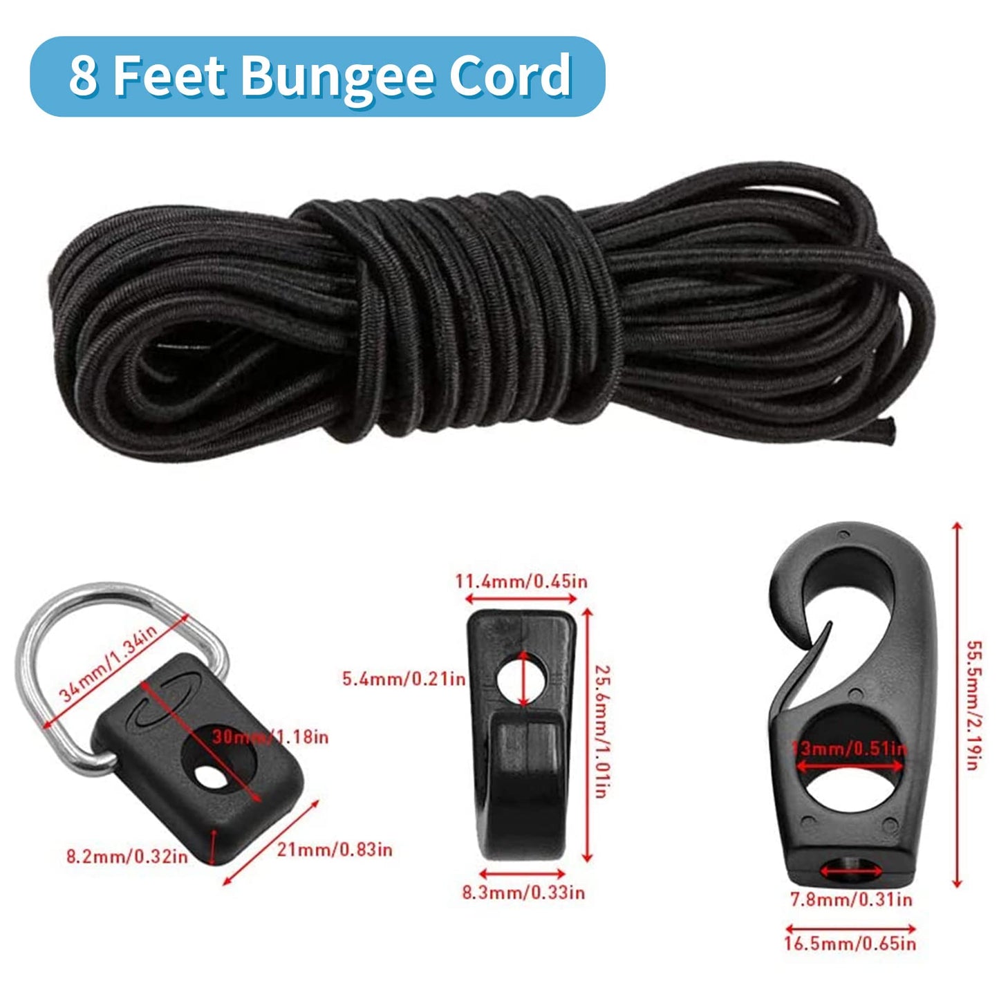 Kayak Deck Rigging Kit 8 Feet Bungee Cord with Bungee Cord Ends Hooks and Fishing D-Ring with 304 M6 Screw and 6 J-Hooks for Kayak Boat Canoe Outfitting Fishing Camping Kit