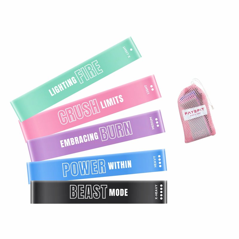 FayeFit Resistance Bands for Working Out – Exercise Bands Resistance Loops, Workout Bands, Physical Therapy Bands. Set of 5 Stretch Bands for Exercise at Home + Carry Bag. Legs, Booty, Arms.