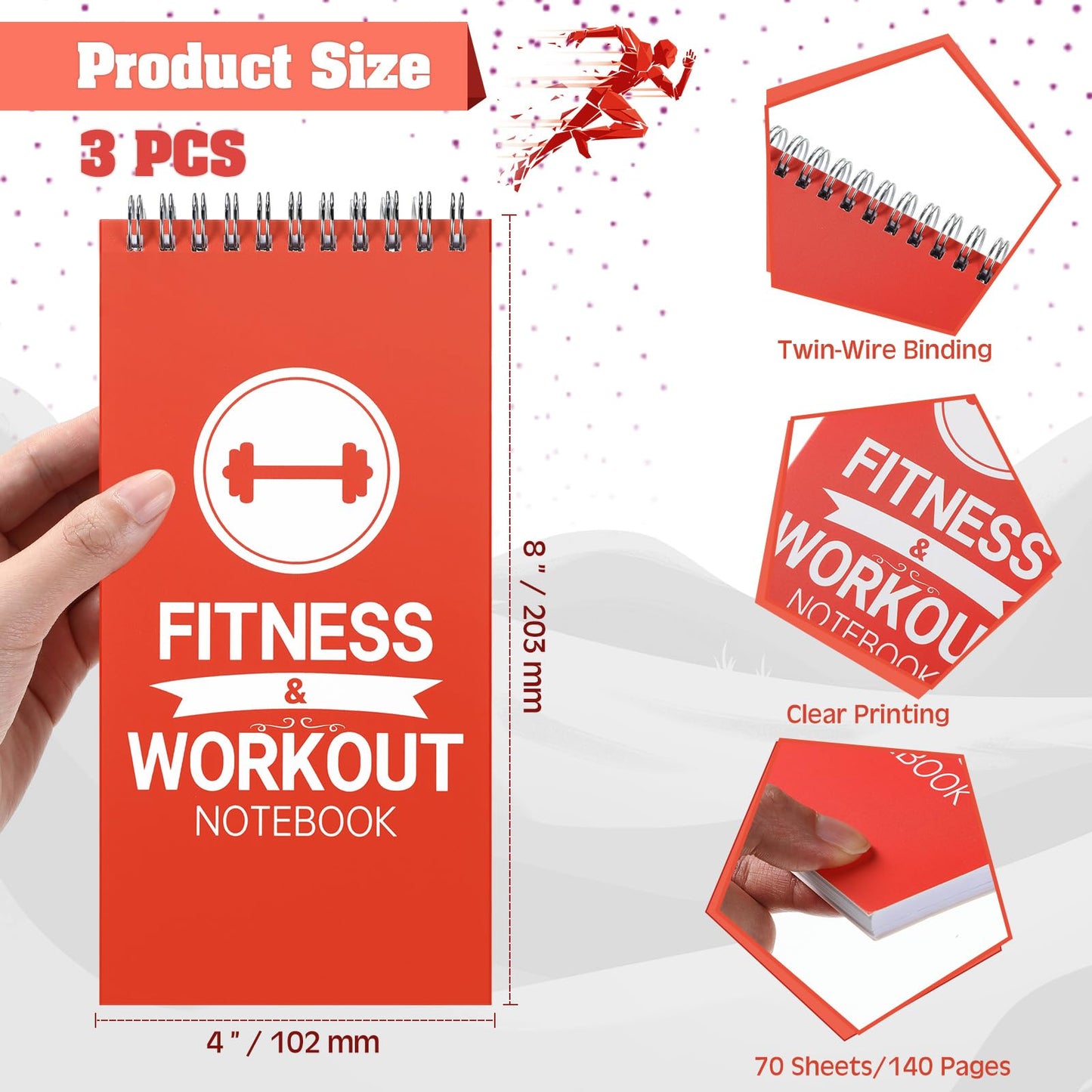 Mooliwe 3 Pcs Gym Journal 4'' x 8'' Fitness and Workout Book Notebook 70 Sheets Workout Log Bodybuilding Workout Book Tracker Workout Planner Notepad for Women Men Training Goal (Fitness Log)