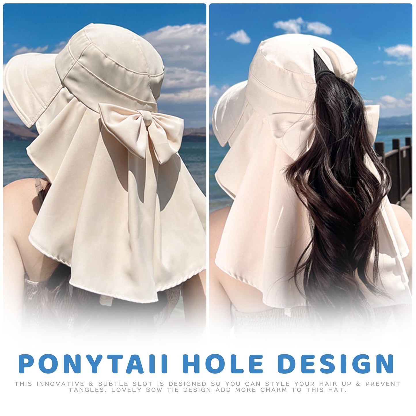 Chasenew Summer Sun Hat Neck Flap Cover UV Protection Wide Brim Fishing Hiking Hat Foldable Women Ponytail Safari Beach Outdoor Cyan