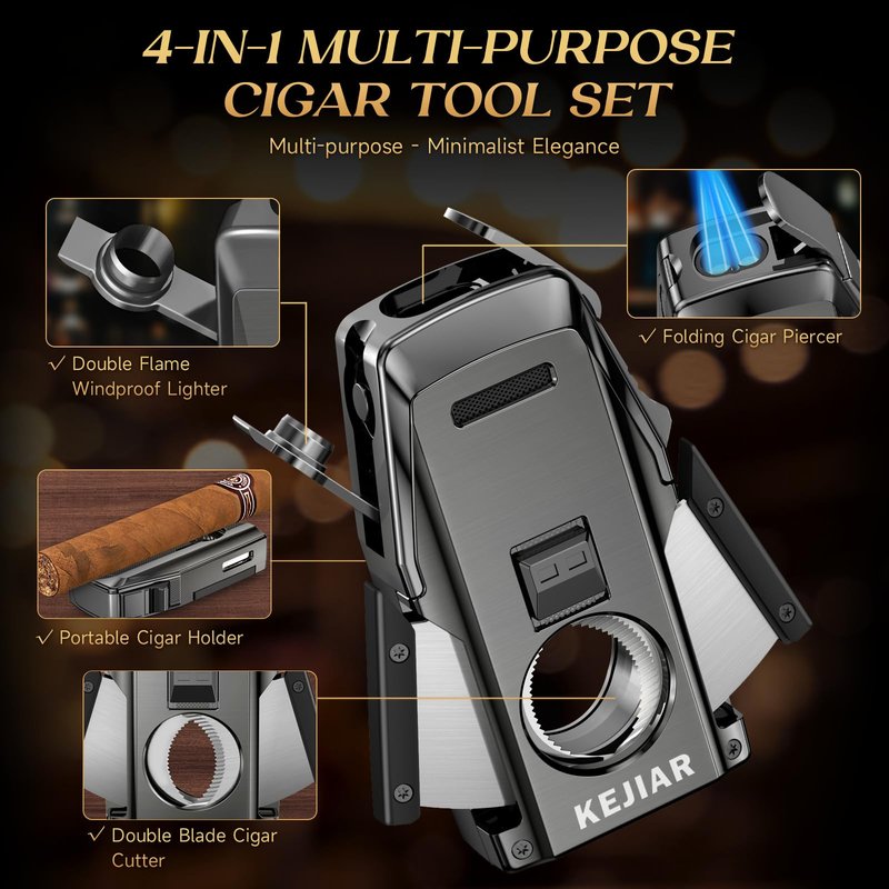 KEJIAR Cigar Lighter, Double Jet Torch Lighter, Built-in Punch, Double Edge Cigar Cutter and Holder, Refillable Butane Lighter, Ideal Cigar Accessories for Men Gift (Grey)