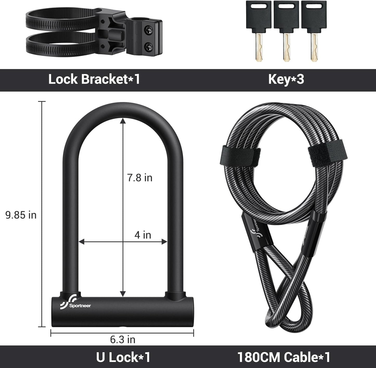 Sportneer Bike U Lock - Heavy Duty 18mm Shackle with 6ft Security Cable | Fits Road, Mountain & Electric Bikes, 9.85''x6.3''