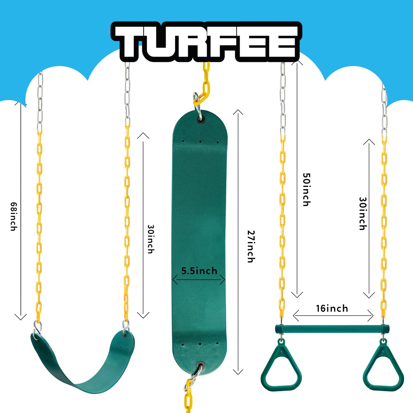 TURFEE 3 Pack Assorted Swing Set, Including 1 Gym Rings Trapeze Bar and 2 Pcs Swings with Plastic Coated Chain, Swingset Accessories Replacement for Kids Outdoor Play, Playground- Green
