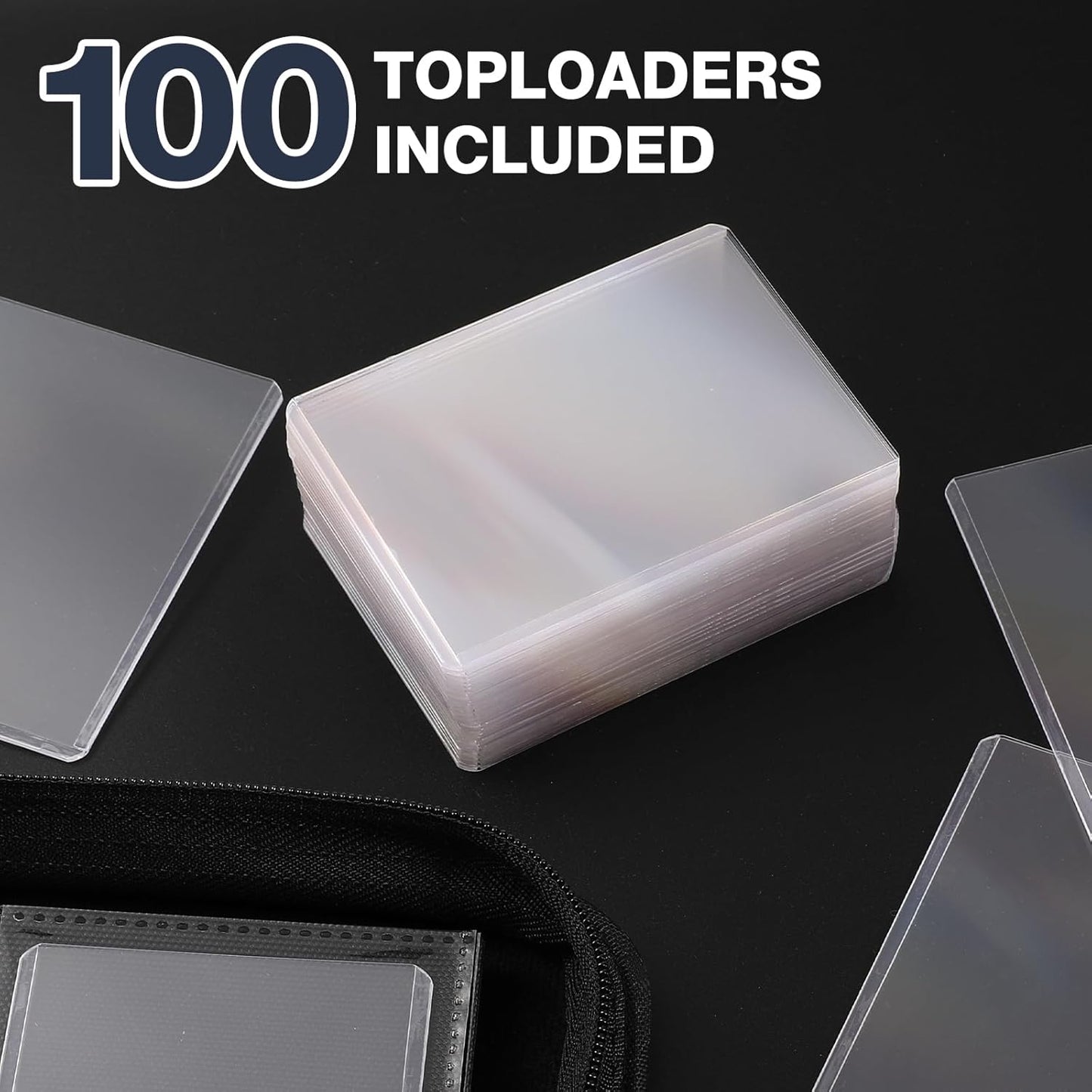 Toploader Binder - 4-Pocket PU Cover for 3" x 4" Rigid Toploaders | Holds 160 Cards, Includes 100 Toploaders