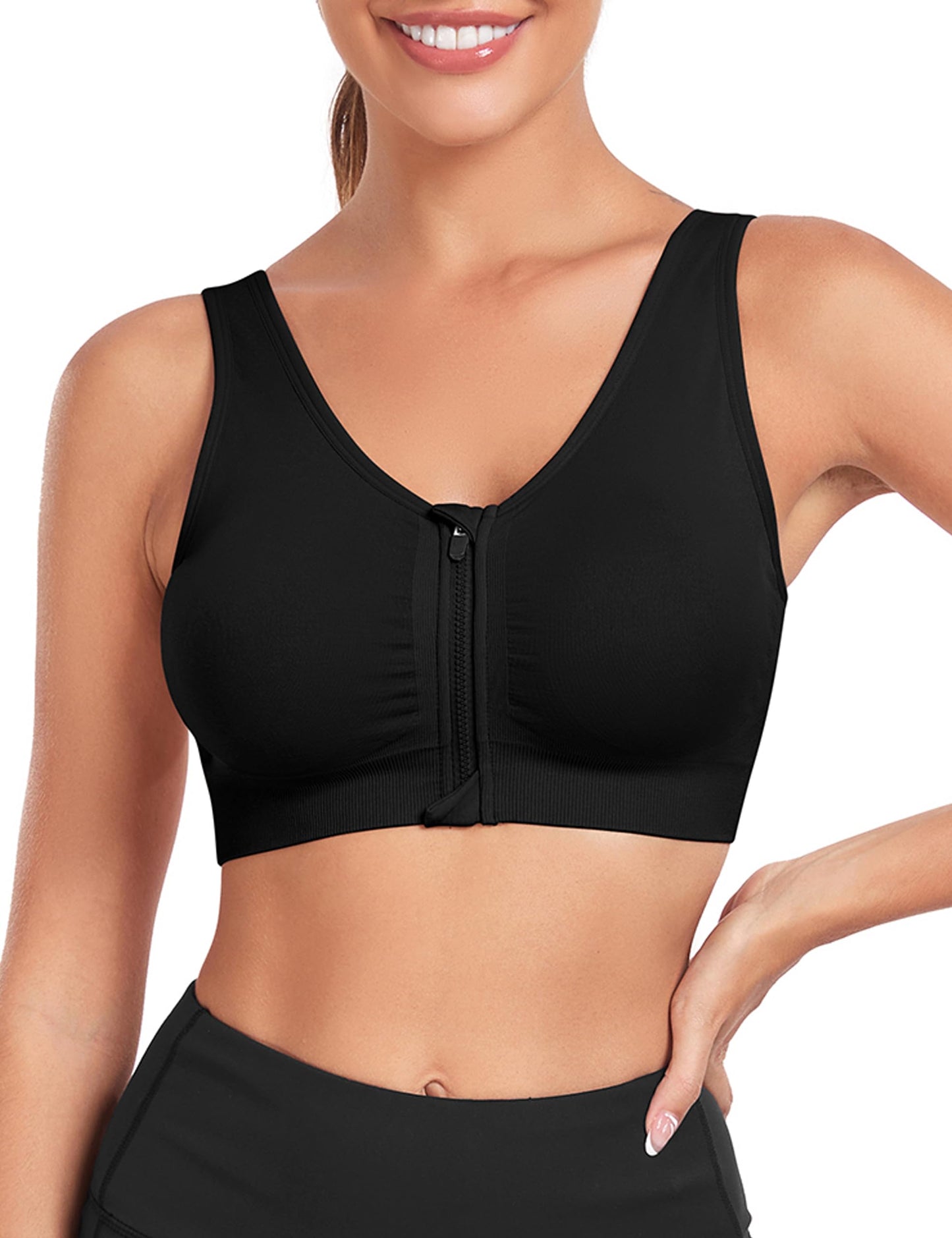 WANAYOU Women's Zip Front Sports Bra Wireless Post-Surgery Bra Workout Bras
