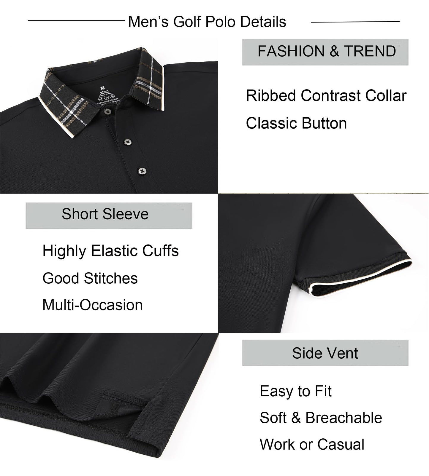 Alex Vando Mens Golf Shirts Moisture Wicking Quick-Dry Short Sleeve Fashion Designed Polo Shirts for Men,Black,M