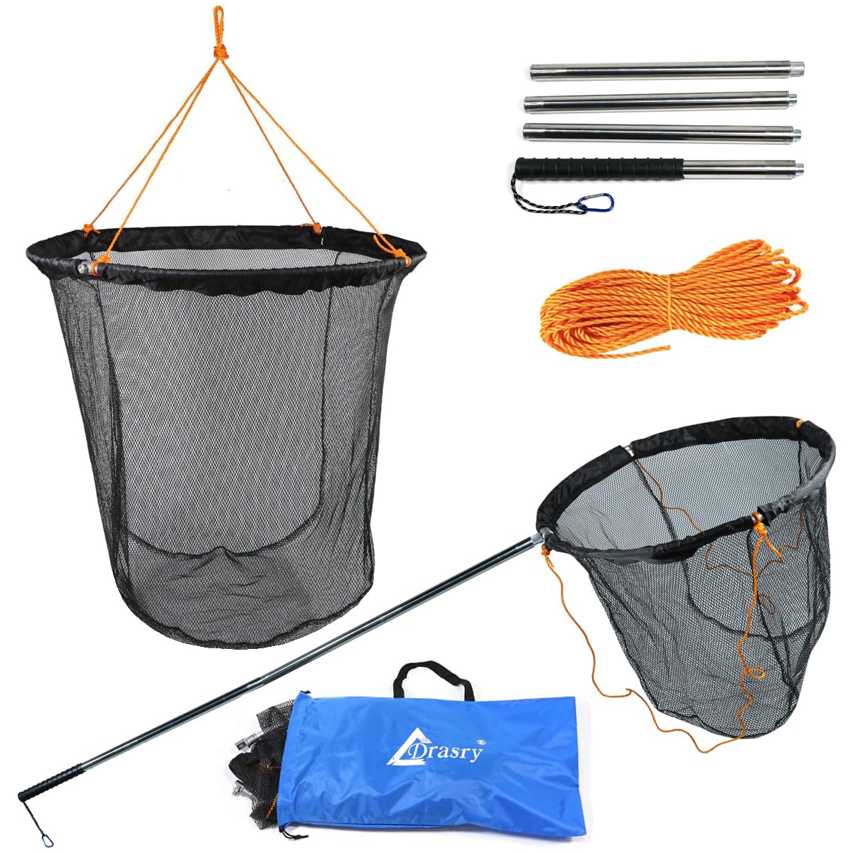 Drasry Large Collapsible Bridge Pier Fishing Net Landing Net with Rod, High Load Aluminum Ring Drop Net for Saltwater and Freshwater Rubber Coated Basket with 49.2 ft Rope 23.6 * 23.6 * 27.5 in
