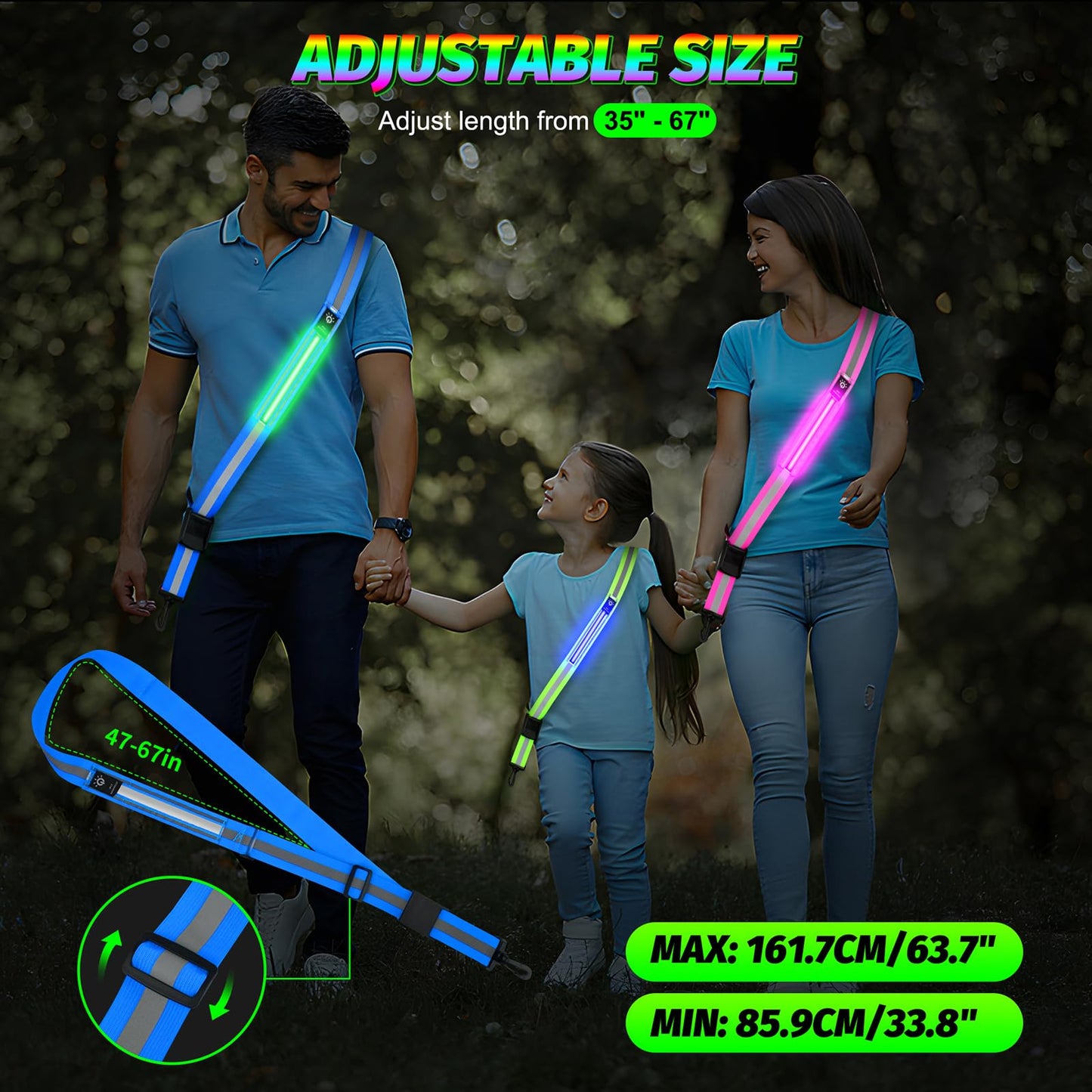 Bighaki808 LED Running Gear High Visibility Reflective Belt Sash, Adjustable Night Walking Safety Gear, Rechargeable Light Up Running Reflective Belt for Runners Walkers Men Women(Blue)