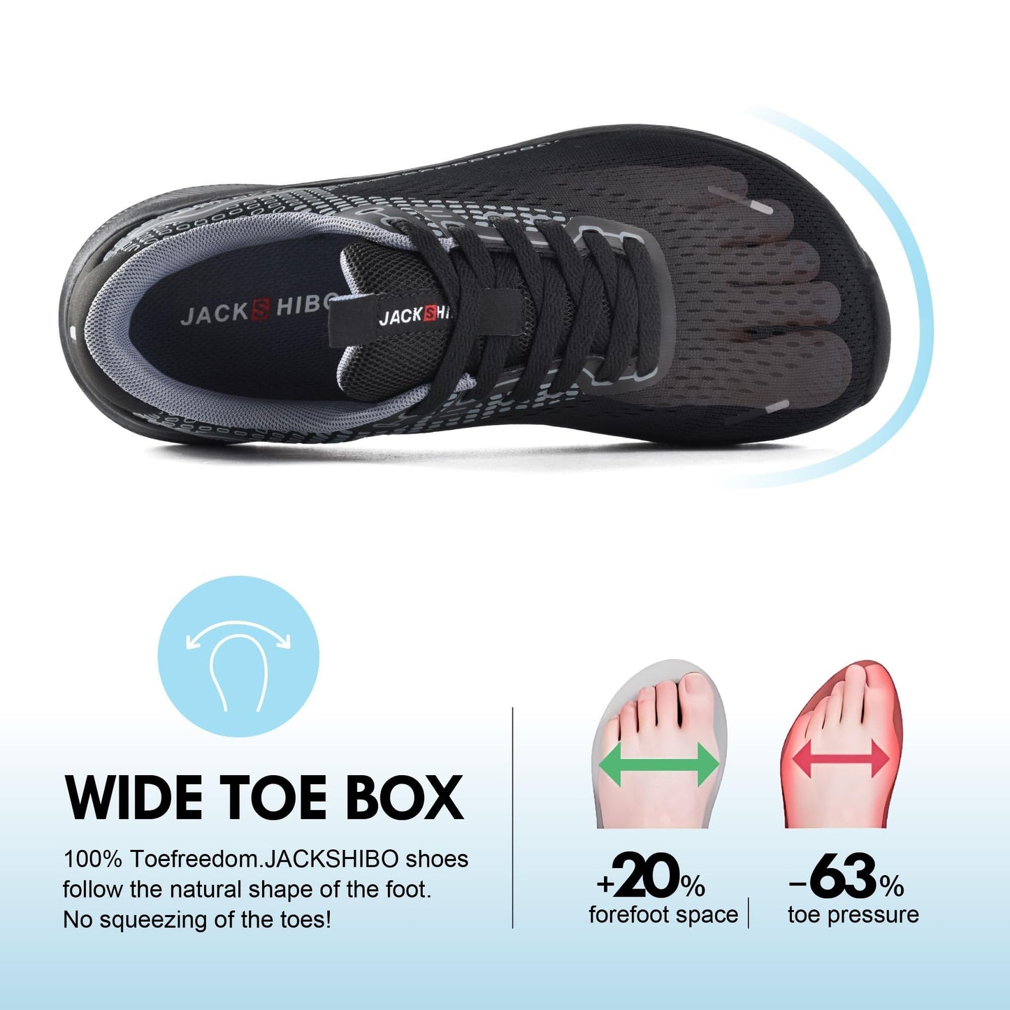 JACKSHIBO Wide Toe Box Shoes for Men Arch Support Shoes Wide Width Sneakers for Running Walking Athletic Tennis Orthopedic Plantar Fasciitis Workout with Thick Cushioned Zero Drop Sole Black
