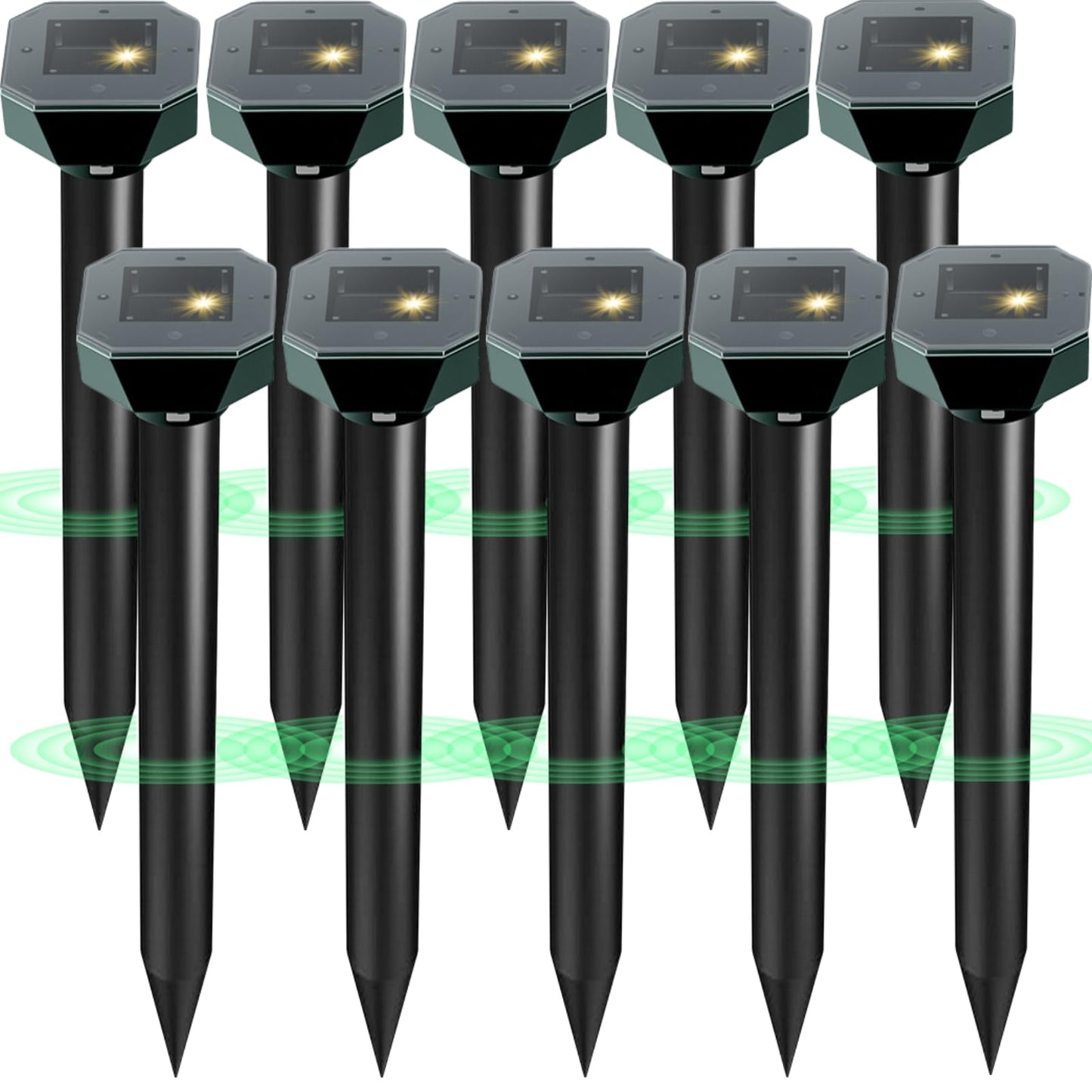Snake & Mole & Rabbit & Skunk Repellent Solar Powered, Upgraded Ultrasonic Deterrent, IP65 Waterproof, Gopher Groundhog Chipmunk Raccoon and Vole Repellent & Deterrent for Lawn & Garden, 10 Pack