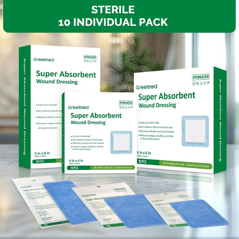 Super Absorbent Dressing for Wound Care 4" x 8" Individual Sterile Pack of 10 Nonstick Soft Surgical Gauze Pad Waterproof Wound Dressing Bandage for Heavily Exuding Wound Care