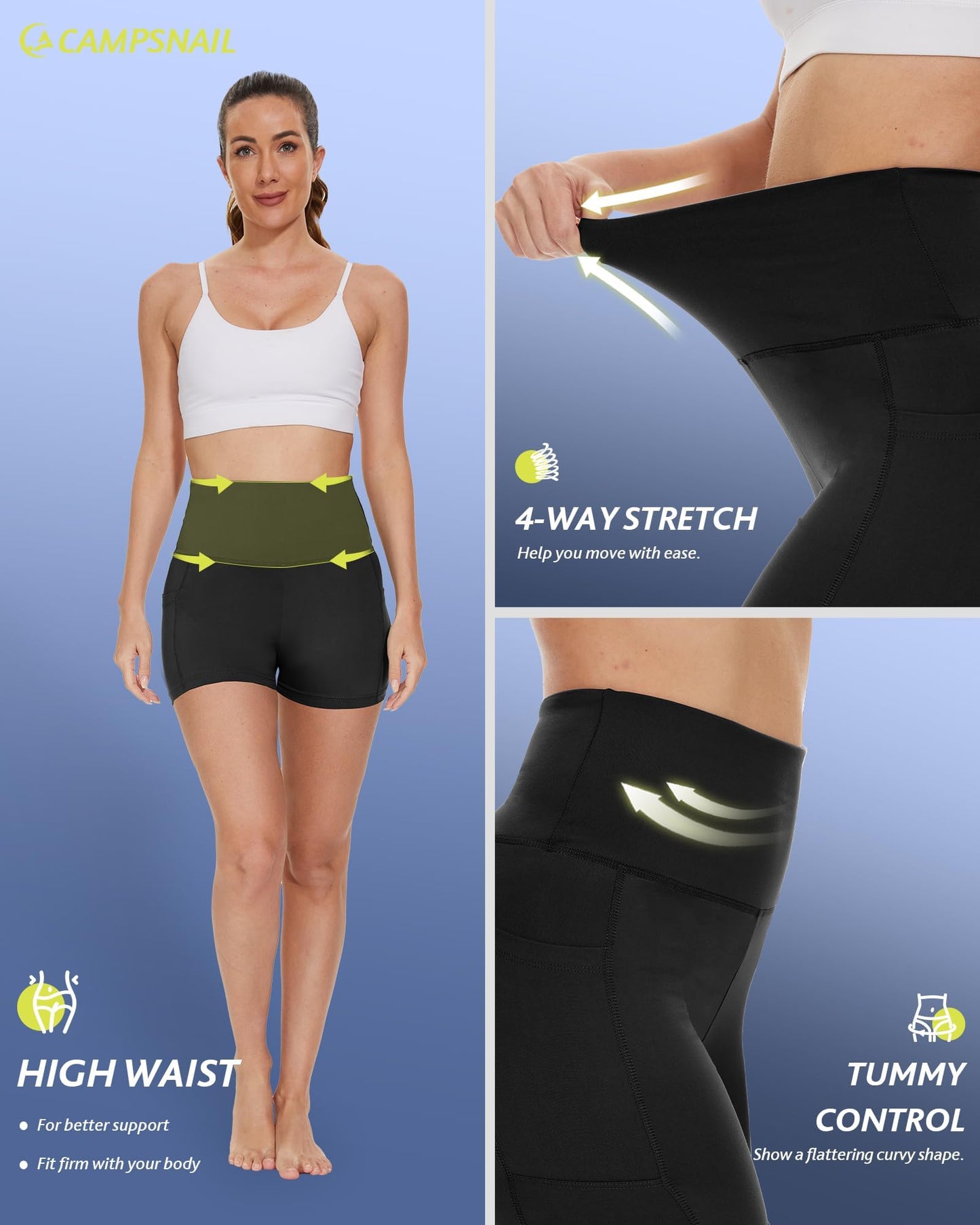 CAMPSNAIL Biker Shorts Women with Pockets - 3"/5"/8" High Waisted Workout Spandex Tummy Control Gym Running Yoga Shorts