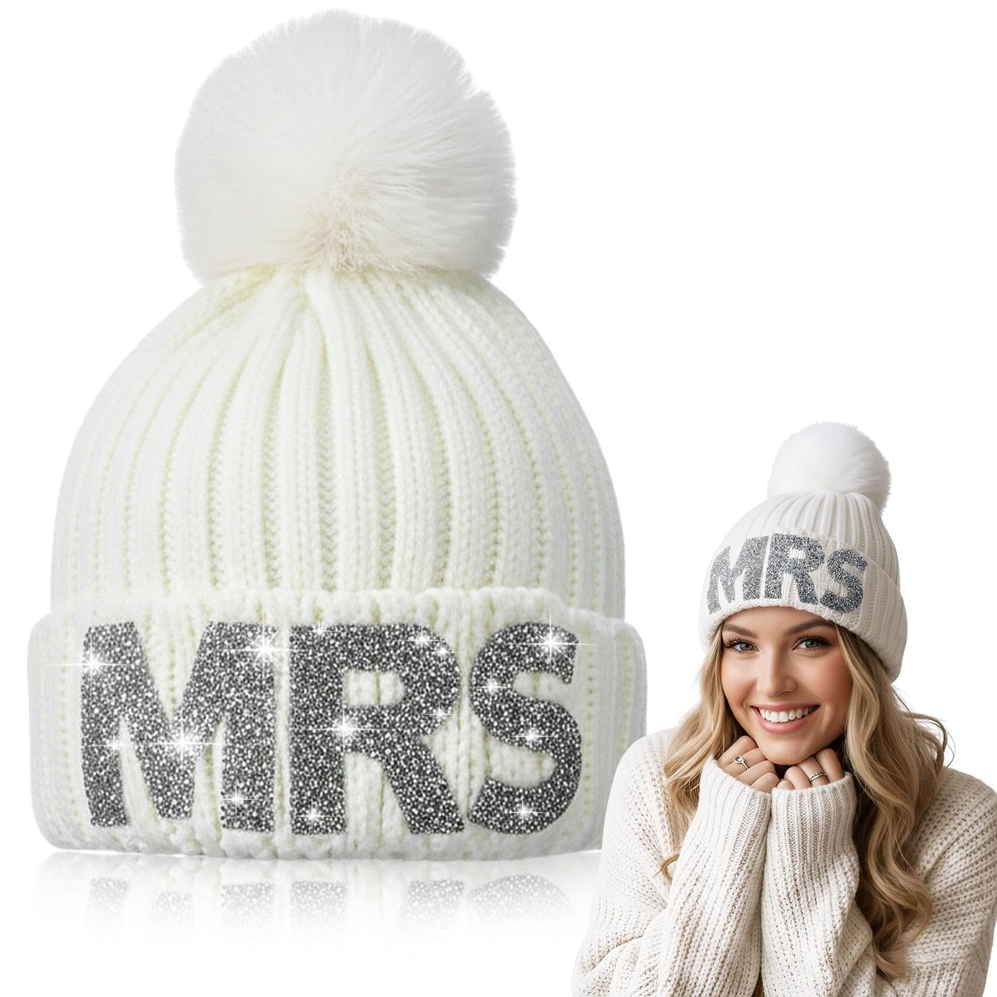Shihanee Rhinestone Mrs Knitted Beanie Hat with Faux Fur Pom White Bride and Bridesmaid Beanie Warm Soft Womens Winter Hat for Bachelorette Parties Bridal Shower Bride to Be Gift