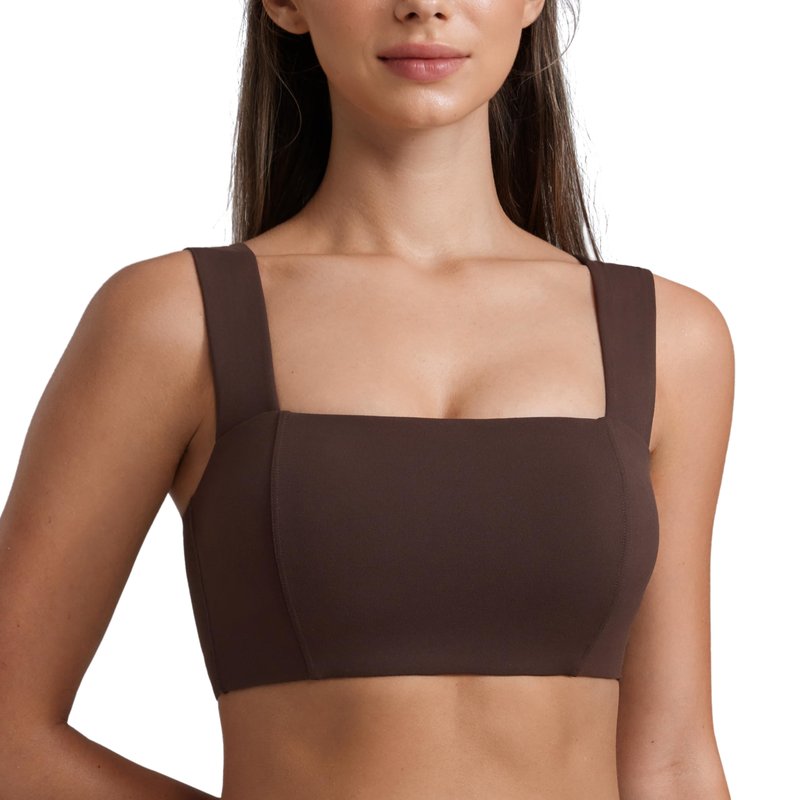 CRZ YOGA Butterluxe Wide Straps Sports Bras for Women - Square Neck Padded Open Back Camisole Yoga Crop Top Hot Fudge Brown Small