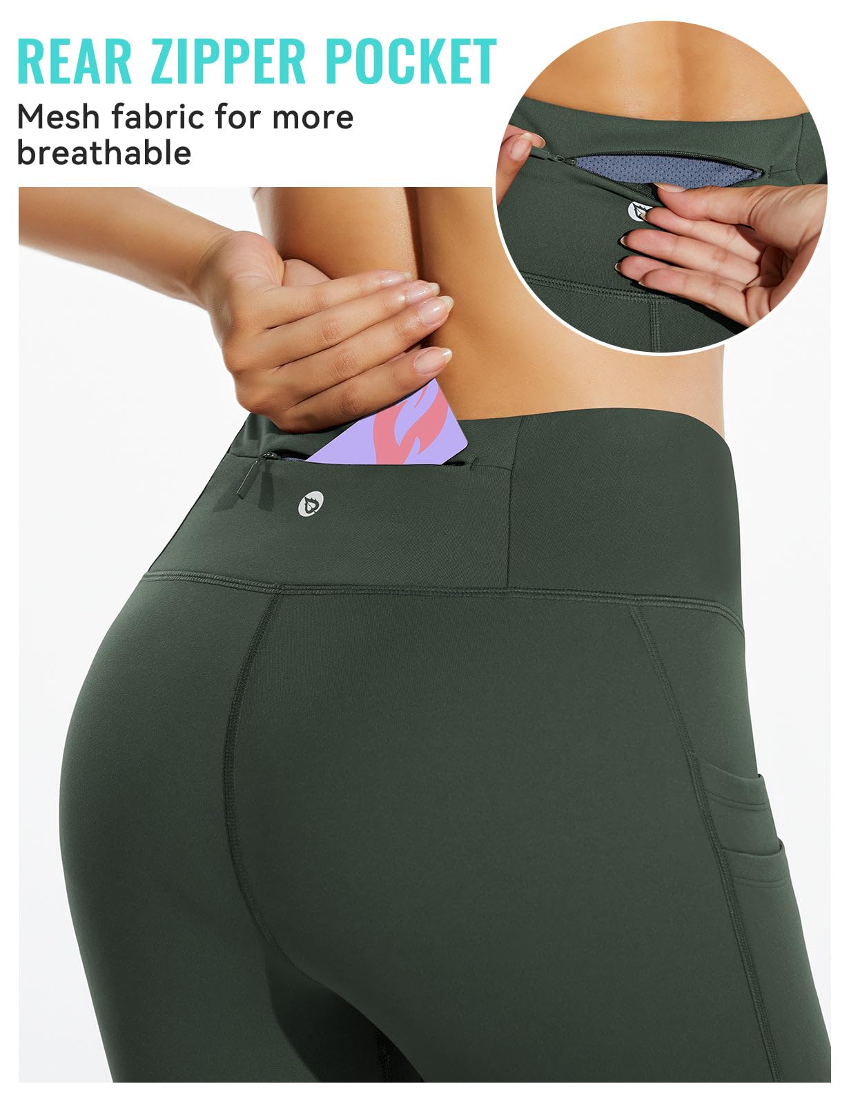 baleaf Thermal Leggings for Women Fleece Lined Waterproof Winter Hiking Pants Warm Tights Cold Weather Running Gear Army Green 2XL