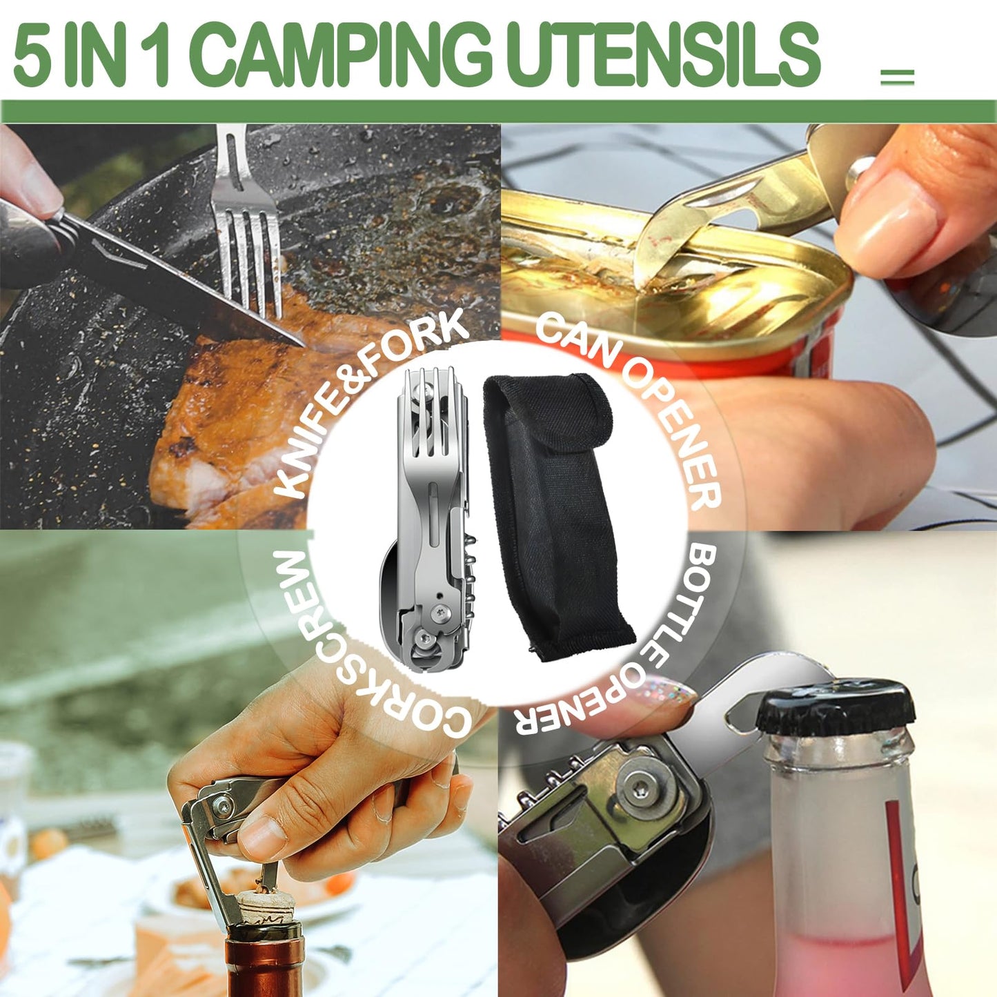 Wemomo Camping Utensils, 5 in 1 Detachable Cutlery Folding Knife, Stainless Steel Spoon, Fork, Cork Screw & Can Opener Combo Set, Compact Camping Tools for Hiking, Travel, Backpacking