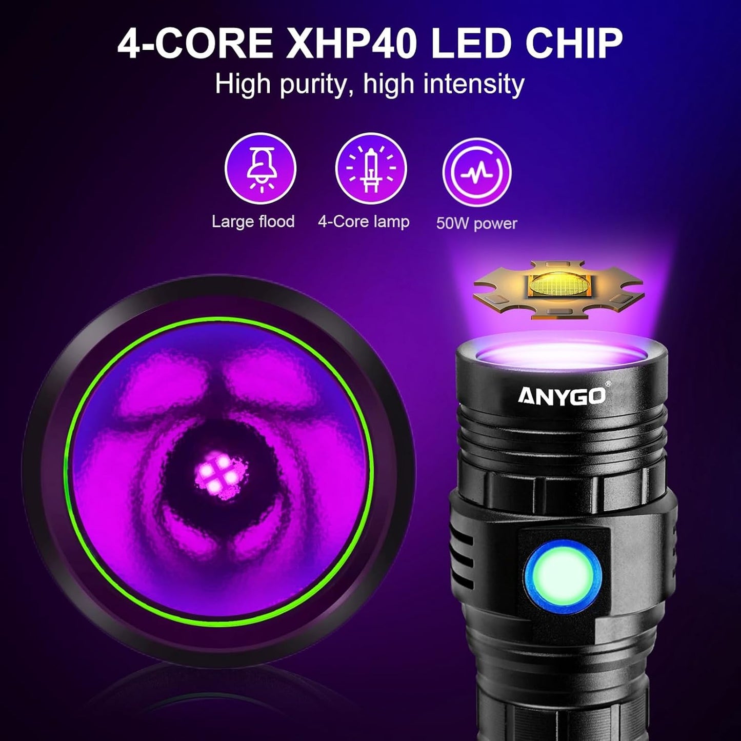 High-Power 365nm Black Light Flashlight - Rechargeable UV Light for Pet Urine Detection | Bed Bug & Jade Exploration