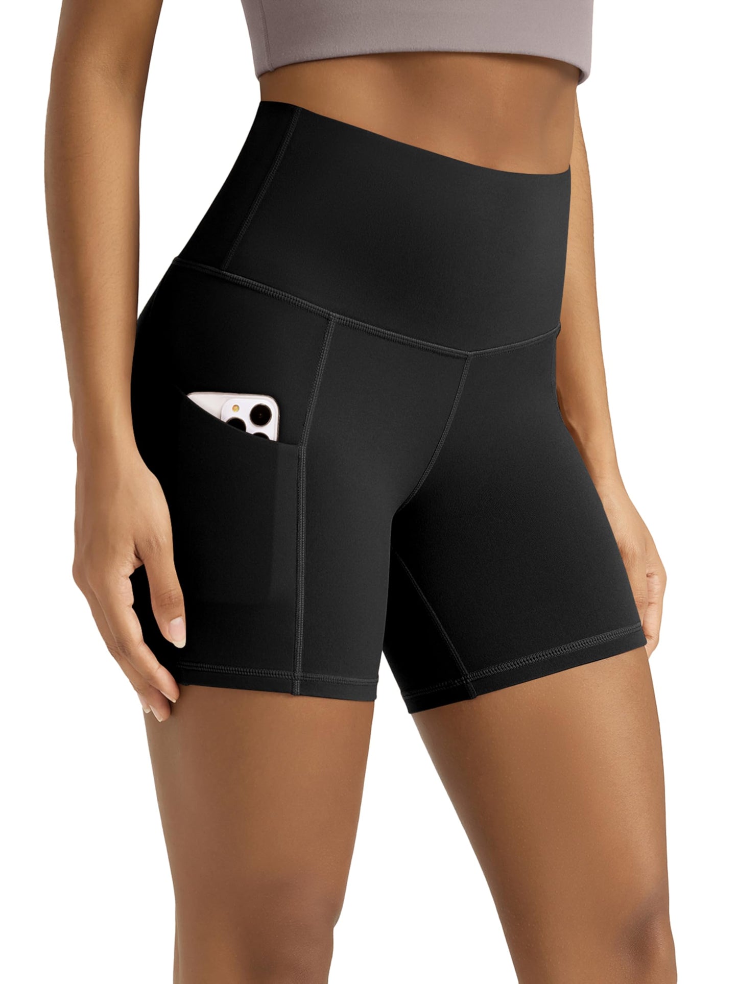 ODODOS 5" Tummy Control Biker Shorts for Women with Pockets High Waist Athletic Workout Yoga Shorts, Black, Medium