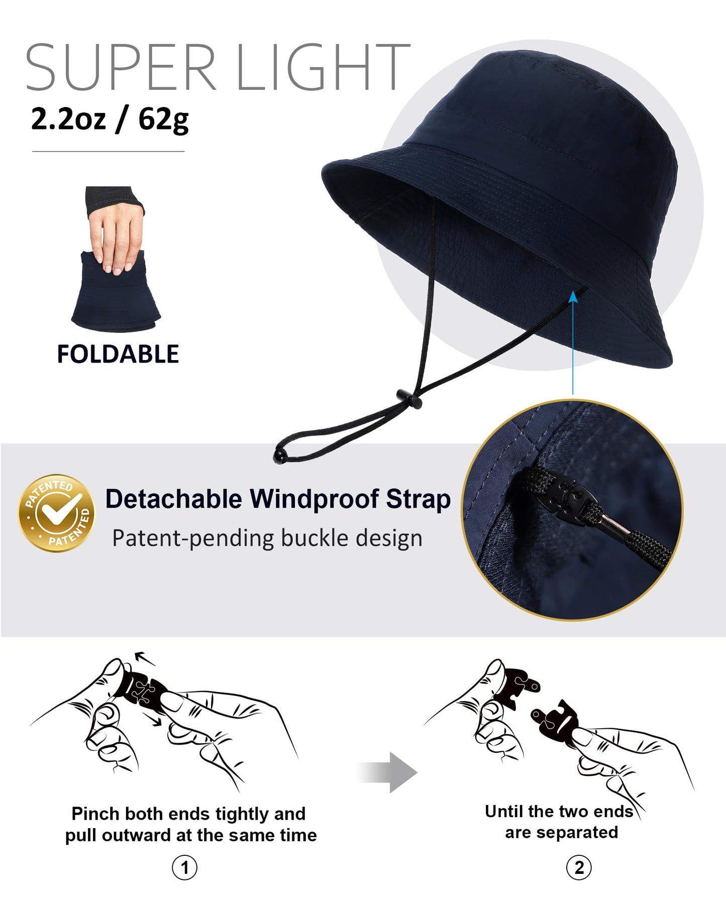 Water-Resistant Bucket Hat for Women Men Rain Hat UPF 50+ Boonie Sun Hat Foldable Summer Floppy Fishing Safari Hats Navy Blue