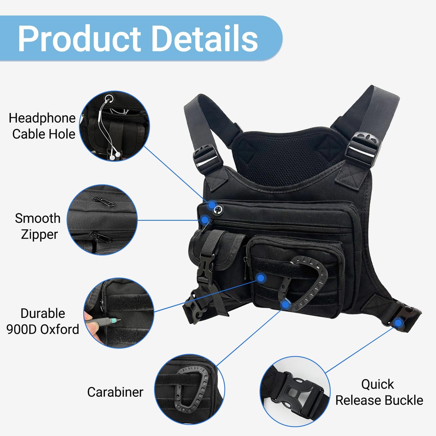 Outdoor Chest Bag for Men & Women Tactical Inspired Sports Utility Chest Pack For Running Cycling Sports EDC Holder Bag - Black