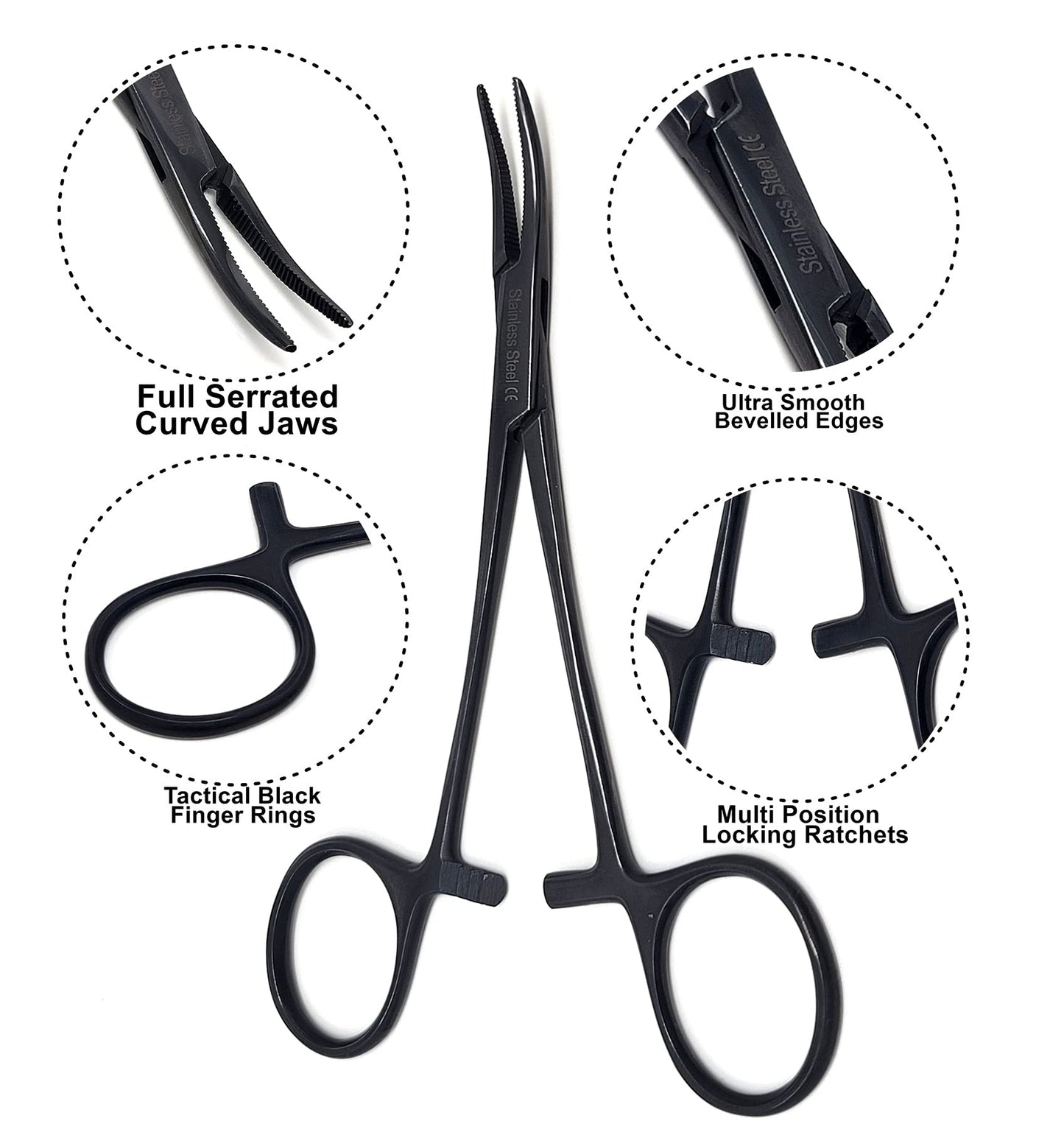 Hemostat Locking Forceps 5" Curved with Full Serrated Jaws Ideal for Clamping, Fishing, Firefighters Nurses Doctors + More (Tactical Black)