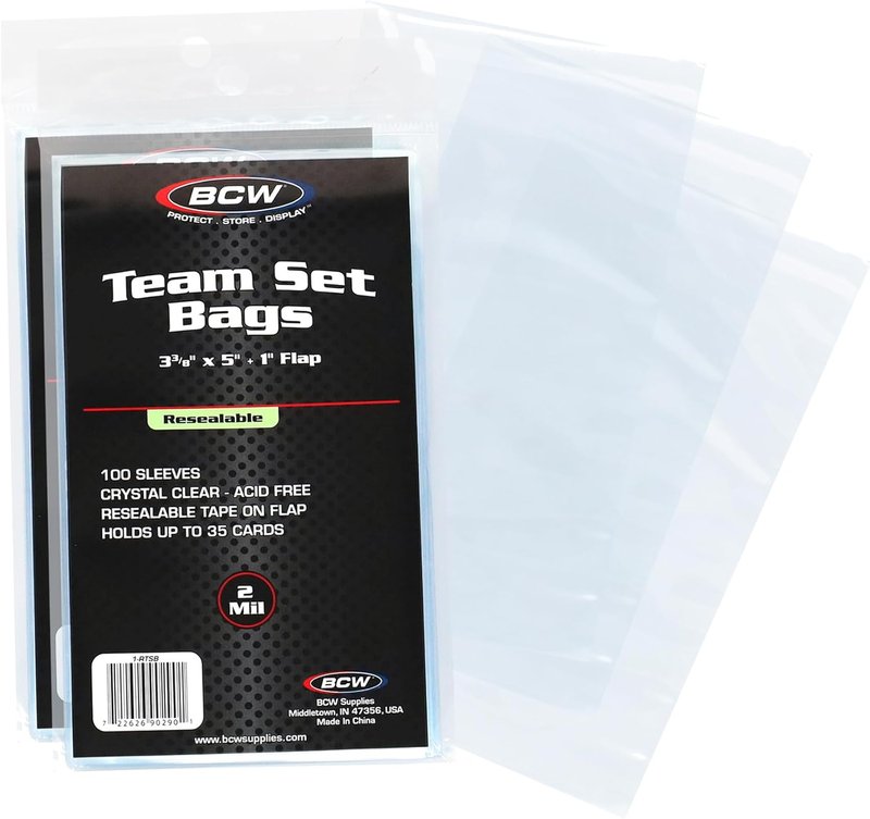 BCW Resealable Team Set Bags - 200 Count | Acid-Free Trading Card Holders for 35 Loose Cards or 5 Standard Toploaders