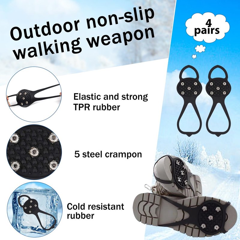LipLopBest 4 Pairs Non Slip Gripper Spikes for Shoes, Ice Snow Grips Traction Cleats with 5 Steel Studs Crampons - Universal Snow Spikes Microspikes for Hiking Walking Climbing