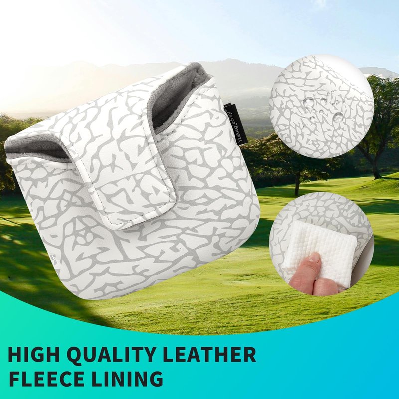 YuEagleSky Golf Club Mallet Putter Head Cover White with Grey Elephant Print Design - Magnetic Closure, Durable PU Material - Single Package